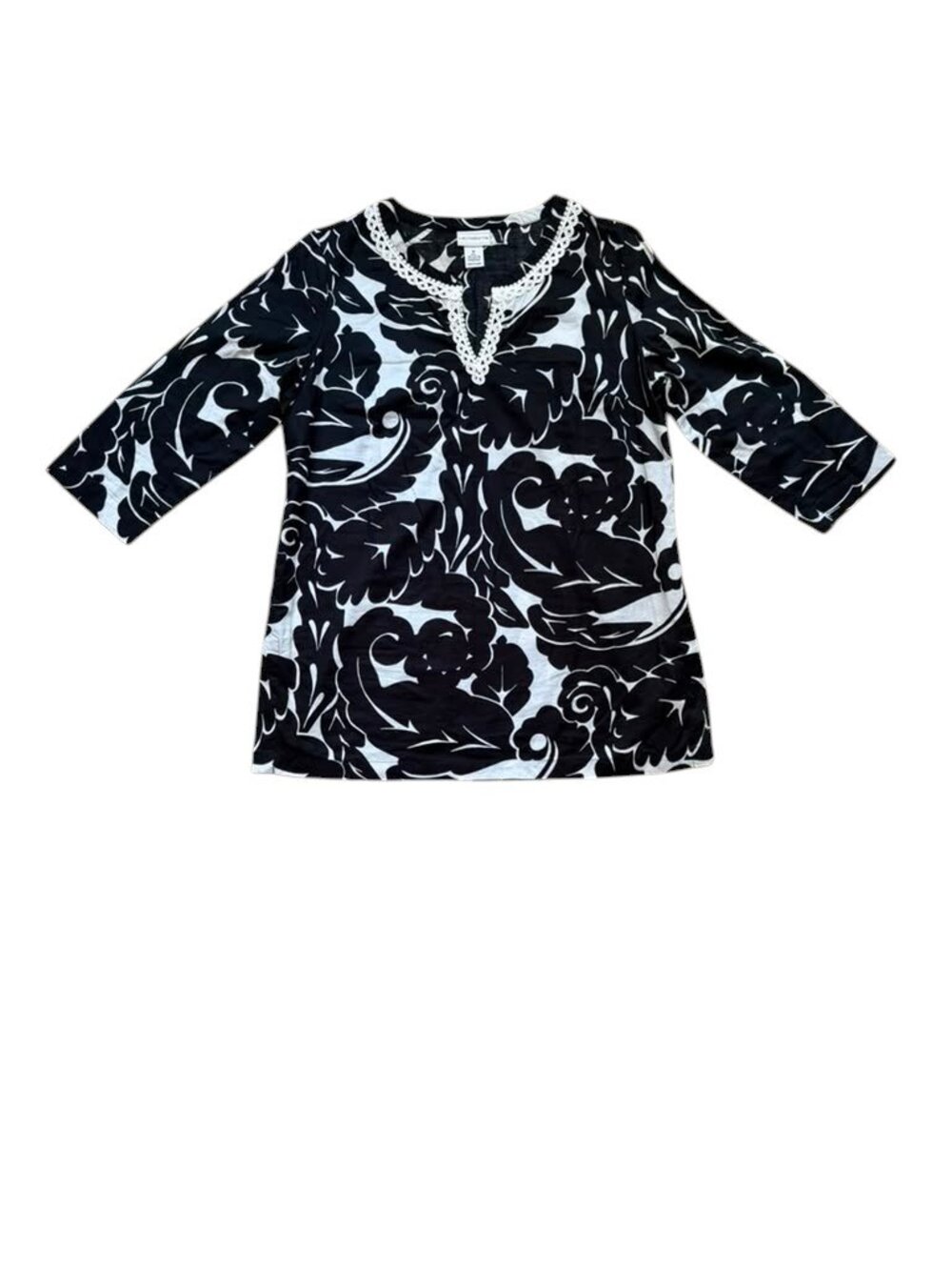 Liz Claiborne Womens M Black White Floral Tunic Top 3/4 Sleeve Cotton Lace.